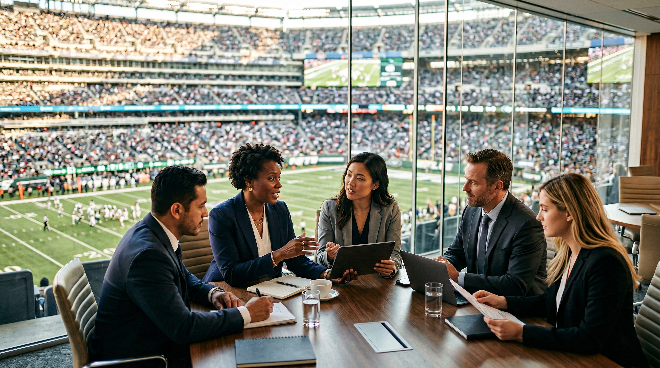 Professionals in executive suite overlooking stadium