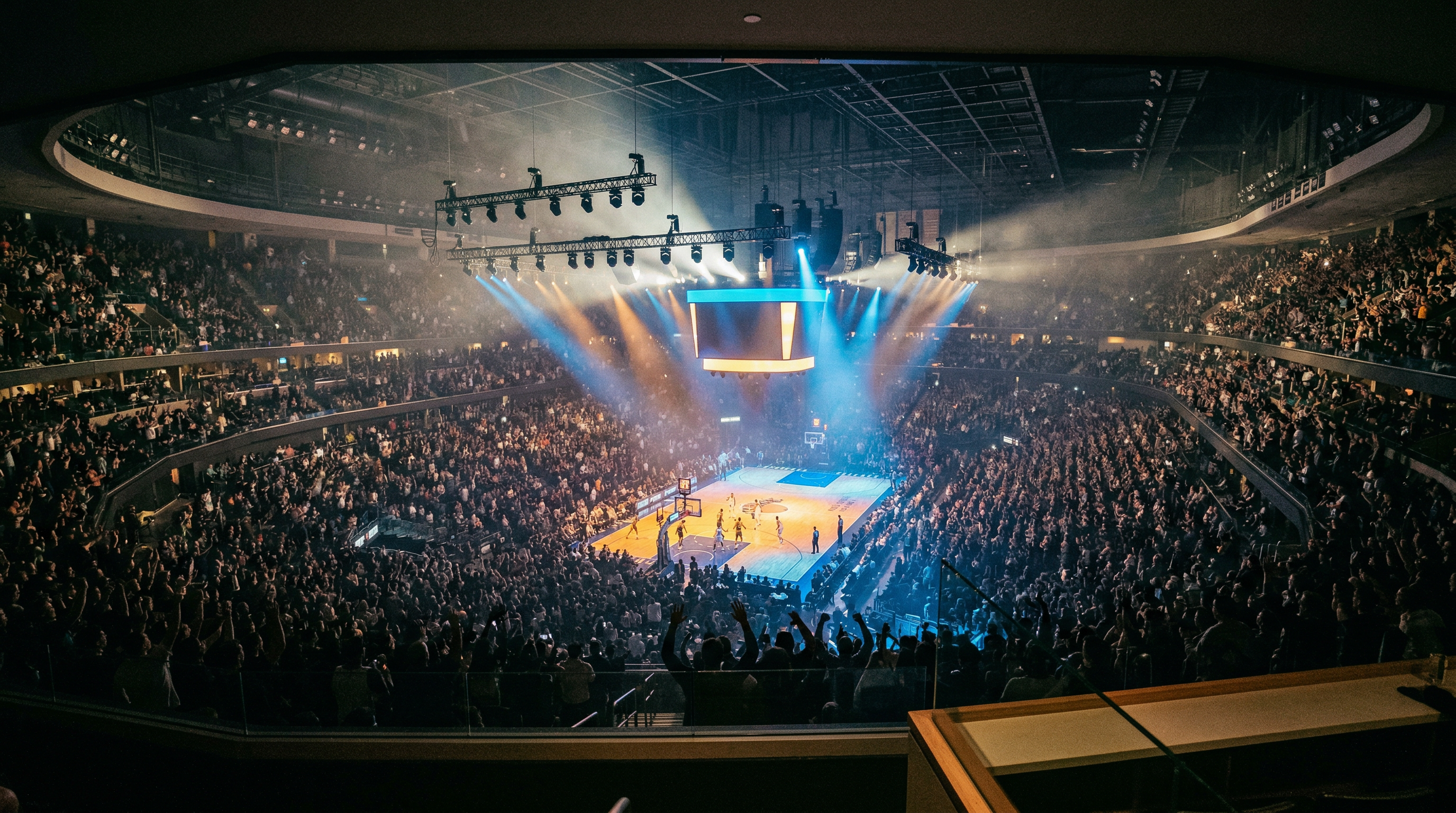 Packed arena during a major sporting event with dramatic lighting